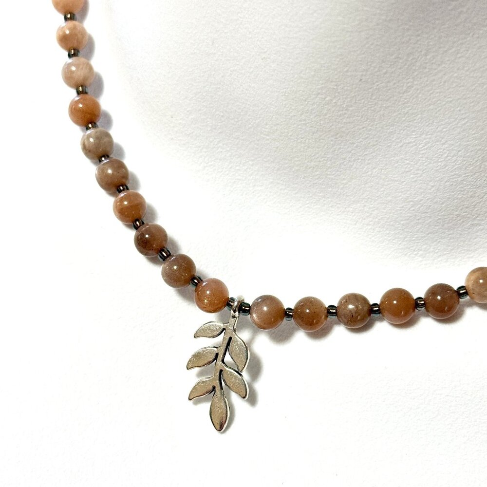 Peach Moonstone Silver Leaf Branch Necklace, Genuine Gemstone Beaded Choker